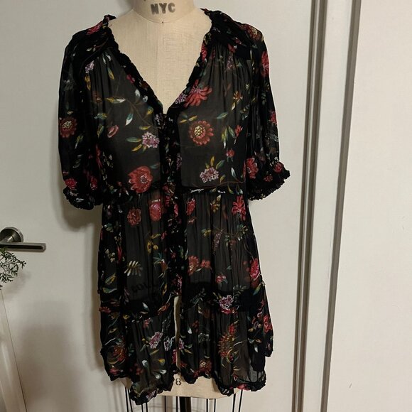 ANTHROPOLOGIE Salzburg Sheer Floral Boho Tunic Blouse Size Small - Picture 3 of 8
